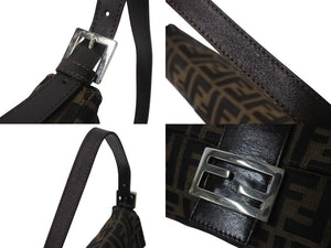FENDI フェンディ マンマバケット ワンショルダーバッグ ズッカ柄 コットンキャンバス レザー シルバー金具 ブラウン 美品 中古 4c071884 
