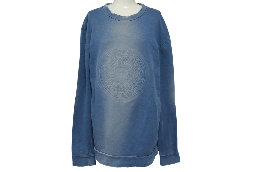 極美品 BALMAIN バルマン パテッド デニム スウェット ブルゾン JAPAN製 コットン ブルー サイズS 中古 4c071932
