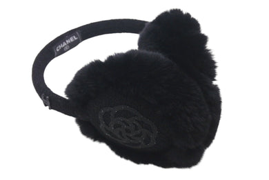 極美品 CHANEL シャネル イヤーマフ 耳あて A54573 カメリア ココマーク ラインストーン ウール ラパン ブラック 中古 4c072017