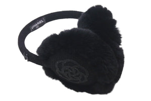 極美品 CHANEL シャネル イヤーマフ 耳あて A54573 カメリア ココマーク ラインストーン ウール ラパン ブラック 中古 4c072017