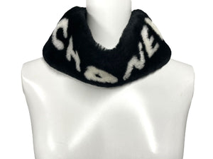 極美品 CHANEL シャネル ネックマフラー ネックウォーマー ブラック ホワイト カシミヤ シープシアリング ブランドロゴ 中古 4c072450