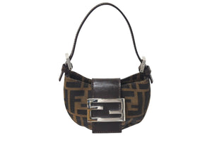極美品 FENDI フェンディ ズッカ ミニポーチ ワンショルダーバッグ型 キャンバス レザー ブラウン シルバー金具 中古 4c072491 