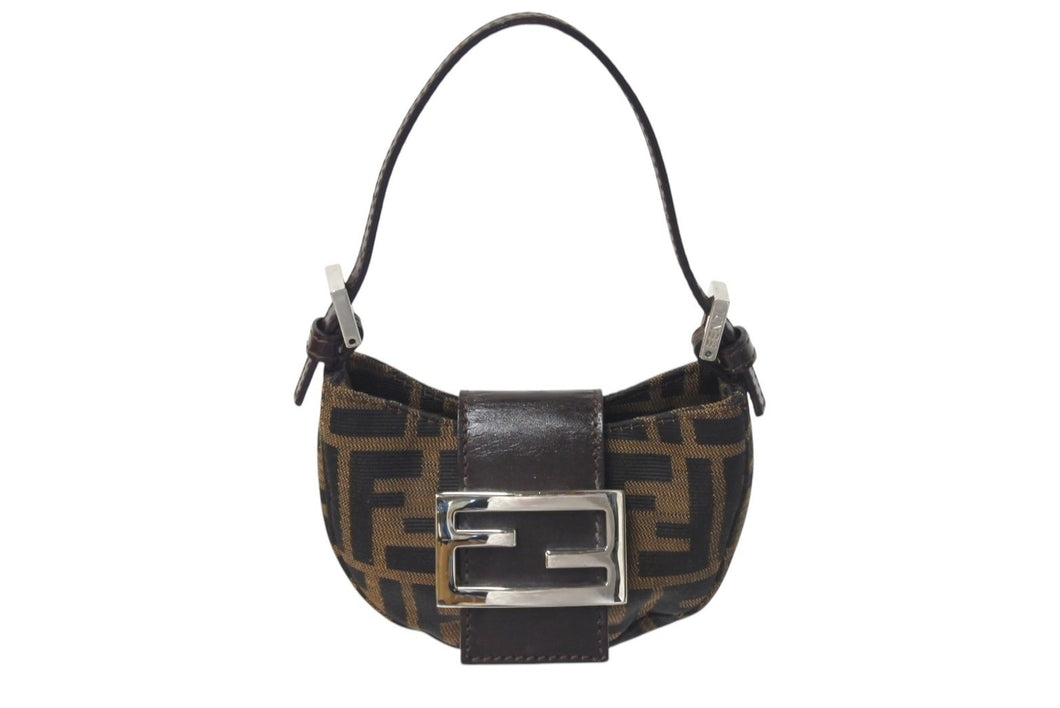 極美品 FENDI フェンディ ズッカ ミニポーチ ワンショルダーバッグ型 キャンバス レザー ブラウン シルバー金具 中古 4c072491 