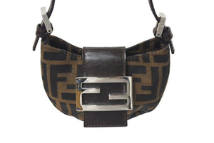 極美品 FENDI フェンディ ズッカ ミニポーチ ワンショルダーバッグ型 キャンバス レザー ブラウン シルバー金具 中古 4c072491 