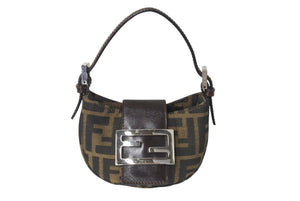 FENDI フェンディ ズッカ ミニポーチ ワンショルダーバッグ型 イタリア製キャンバス レザー ブラウン シルバー金具 美品 中古 4c072492 