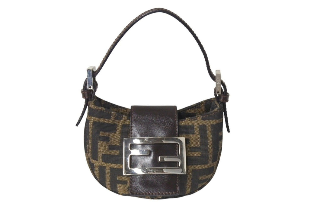 FENDI フェンディ ズッカ ミニポーチ ワンショルダーバッグ型 イタリア製キャンバス レザー ブラウン シルバー金具 美品 中古 4c072492 