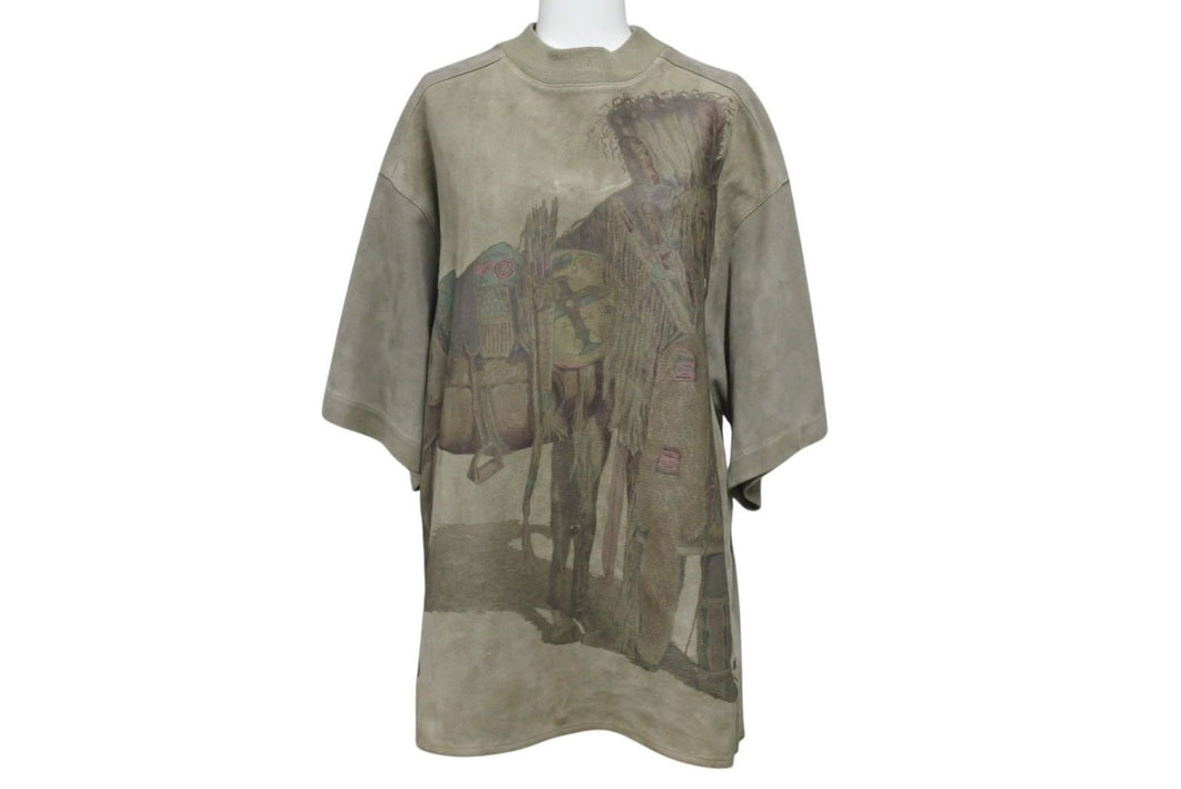 HERMES エルメス インディアン 先住民 半袖Tシャツ トップス スウェードレザー カーキ ブラウン 美品 中古 4c072584