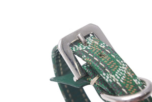 GOYARD Pet Collar and Lead, Herringbone Pattern, Green PVC Leather, Silver Hardware, Excellent Condition, Pre-Owned, Item Number 4c072587 