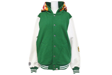 極美品 A BATHING APE アベイシングエイプ TIGER タイガー ワッペン スタジアムジャケット コットン グリーン ホワイト M 中古 4c072616 