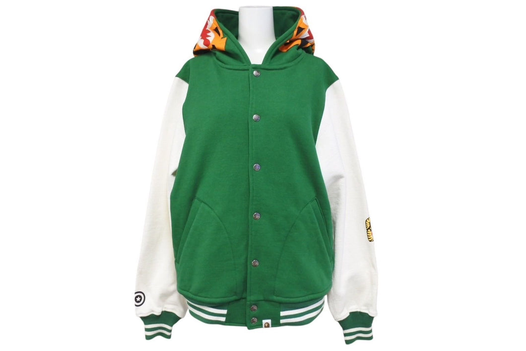 極美品 A BATHING APE アベイシングエイプ TIGER タイガー ワッペン スタジアムジャケット コットン グリーン ホワイト M 中古 4c072616 