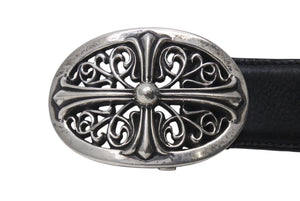 CHROME HEARTS クロムハーツ 1.5クラシックオーバルクロス レザーベルト サイズ39 1989/00 sterling刻印 レザー 美品 中古 4c072627