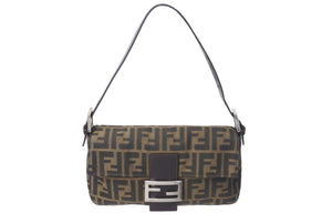 FENDI フェンディ マンマバケット ワンショルダーバッグ ズッカ柄 コットンキャンバス レザー シルバー金具 ブラウン 美品 中古 4c072640 