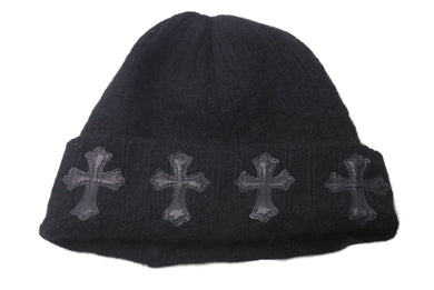 新品同様 CHROME HEARTS クロムハーツ ニットキャップ 帽子 ブラック カシミヤ レザー ONE(26cm) RN 97729 シルバー金具 中古 4c072683