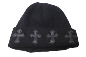 新品同様 CHROME HEARTS クロムハーツ ニットキャップ 帽子 ブラック カシミヤ レザー ONE(26cm) RN 97729 シルバー金具 中古 4c072683