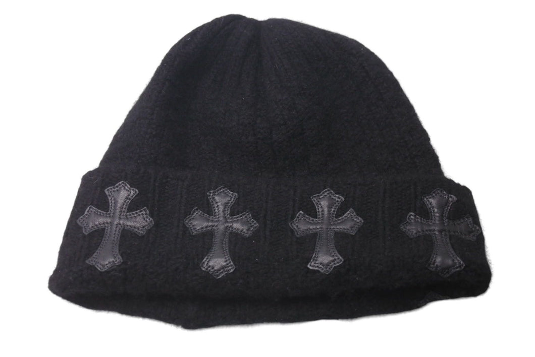新品同様 CHROME HEARTS クロムハーツ ニットキャップ 帽子 ブラック カシミヤ レザー ONE(26cm) RN 97729 シルバー金具 中古 4c072683