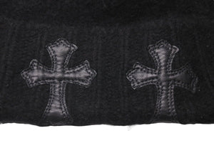 新品同様 CHROME HEARTS クロムハーツ ニットキャップ 帽子 ブラック カシミヤ レザー ONE(26cm) RN 97729 シルバー金具 中古 4c072683