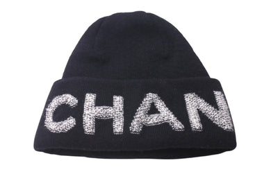 極美品 CHANEL シャネル ビーニー ニットキャップ ニット帽 ロゴ ブラック ホワイト ウール カシミヤ 中古 4c072693