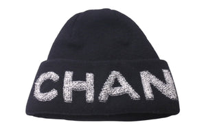 極美品 CHANEL シャネル ビーニー ニットキャップ ニット帽 ロゴ ブラック ホワイト ウール カシミヤ 中古 4c072693