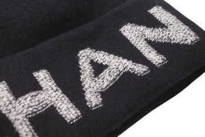 極美品 CHANEL シャネル ビーニー ニットキャップ ニット帽 ロゴ ブラック ホワイト ウール カシミヤ 中古 4c072693