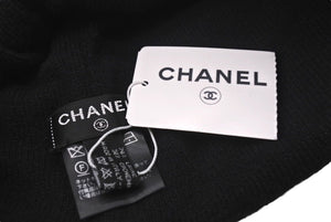 極美品 CHANEL シャネル ビーニー ニットキャップ ニット帽 ロゴ ブラック ホワイト ウール カシミヤ 中古 4c072693