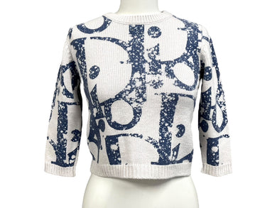 Christian Dior クリスチャンディオール ニット セーター 21FW ロゴプリント キッズ タグ切れ ホワイト ブルー 美品 中古 4c072712