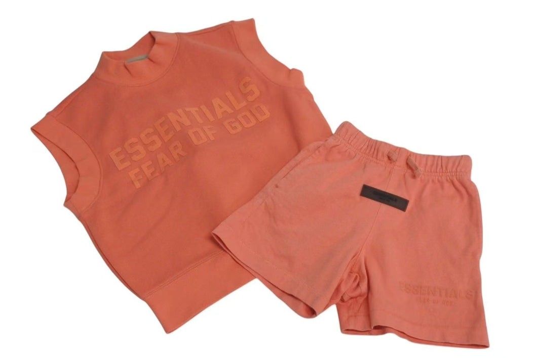 ESSENTIALS エッセンシャルズ フィアオブゴッド キッズ セットアップ ノースリーブ ハーフパンツ サーモンピンク 4/5 美品 中古 4c072714