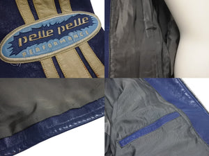 pellepelle ペレペレ レザージャケット サイズ42 刺繍デザイン ブルー ホワイト ヴィンテージ 美品 中古 4c072784