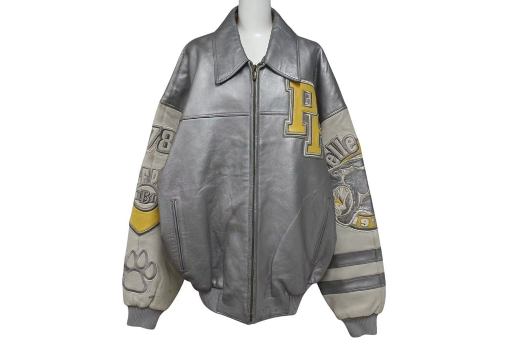 pellepelle ペレペレ レザージャケット サイズ46 刺繍デザイン シルバー ホワイト ヴィンテージ 良品 中古 4c072792