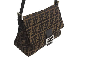 極美品 FENDI フェンディ ズッカ柄 マンマバケット ワンショルダーバッグ ブラウン コットンキャンバス レザー ハンドバッグ ロゴ ロゴ 美品 中古 4c072821 