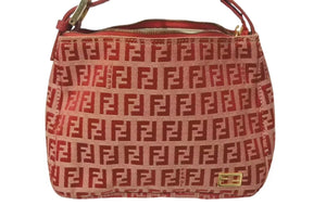 FENDI フェンディ ズッキーノ柄 ミニハンドバッグ レッドロゴ ポーチバッグ キャンバス ゴールド金具 美品 中古 4c072844 