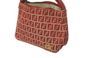 FENDI フェンディ ズッキーノ柄 ミニハンドバッグ レッドロゴ ポーチバッグ キャンバス ゴールド金具 美品 中古 4c072844 