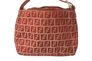FENDI フェンディ ズッキーノ柄 ミニハンドバッグ レッドロゴ ポーチバッグ キャンバス ゴールド金具 美品 中古 4c072844 