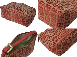 FENDI フェンディ ズッキーノ柄 ミニハンドバッグ レッドロゴ ポーチバッグ キャンバス ゴールド金具 美品 中古 4c072844 