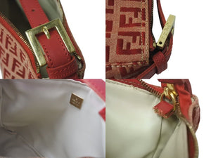 FENDI フェンディ ズッキーノ柄 ミニハンドバッグ レッドロゴ ポーチバッグ キャンバス ゴールド金具 美品 中古 4c072844 