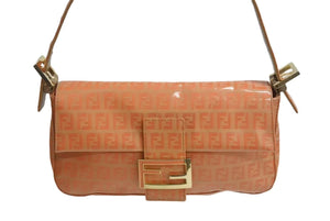 極美品 FENDI フェンディ マンマバケット ワンショルダーバッグ ズッカ柄 総柄 エナメル レザー オレンジ ゴールド金具 中古 4c072851 