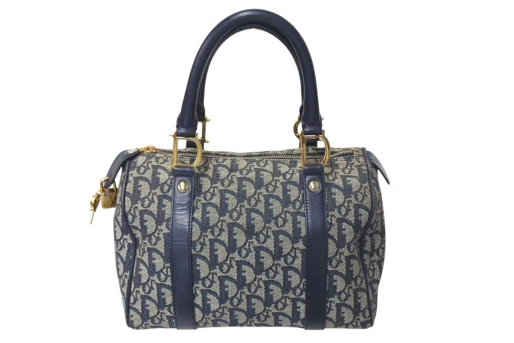 ChristianDior クリスチャンディオール ハンドバッグ PZ1002 トロッター柄 キャンバス レザー ネイビー ゴールド金具 良品 中古 4c072854