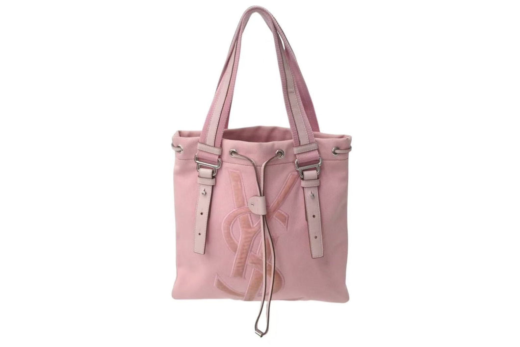 YVES SAINT LAURENT イヴサンローラン カハラ ハンドバッグ 123435 キャンバス レザー ピンク ロゴ刺繍 巾着タイプ 美品 中古 4c072857