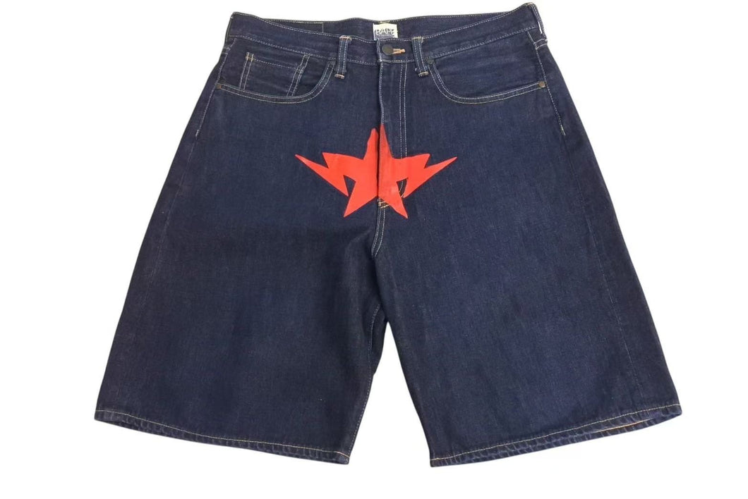 A BATHING APE アベイシングエイプ ショートパンツ パンツ デニム ブルー レッド 星サイズ L 美品 中古 4c072911 
