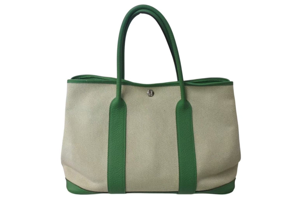 HERMES エルメス ガーデンパーティPM トートバッグ □R刻印 トワルアッシュ レザー バンブー エクリュ シルバー金具 美品 中古 4c072969