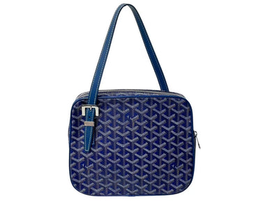 GOYARD ゴヤール ヨナMM ハンドバッグ ヘリンボーン柄 マーカージュ ブルー イエロー PVC レザー シルバー金具 美品 中古 4c072974