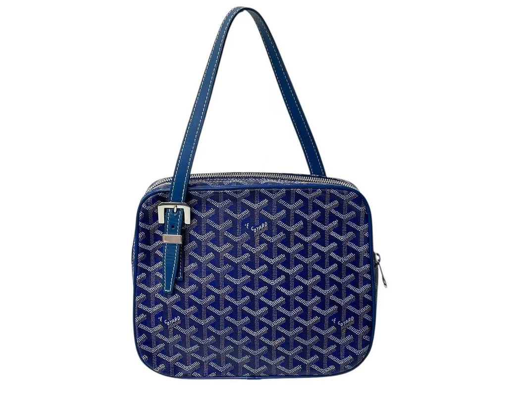 GOYARD ゴヤール ヨナMM ハンドバッグ ヘリンボーン柄 マーカージュ ブルー イエロー PVC レザー シルバー金具 美品 中古 4c072974