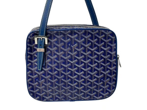 GOYARD ゴヤール ヨナMM ハンドバッグ ヘリンボーン柄 マーカージュ ブルー イエロー PVC レザー シルバー金具 美品 中古 4c072974