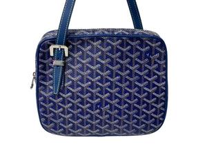 GOYARD ゴヤール ヨナMM ハンドバッグ ヘリンボーン柄 マーカージュ ブルー イエロー PVC レザー シルバー金具 美品 中古 4c072974