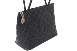 CHANEL シャネル 復刻トート ハンドバッグ ココマーク 6番台 キャビアスキン ブラック キルティング シルバー金具 美品 中古 4c072986