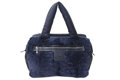 極美品 CHANEL シャネル コココクーン トートバッグ 14番台 ココマーク キルティング レザー ファー ネイビー シルバー金具 中古 4c073180