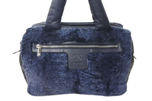 極美品 CHANEL シャネル コココクーン トートバッグ 14番台 ココマーク キルティング レザー ファー ネイビー シルバー金具 中古 4c073180