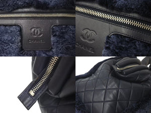 極美品 CHANEL シャネル コココクーン トートバッグ 14番台 ココマーク キルティング レザー ファー ネイビー シルバー金具 中古 4c073180