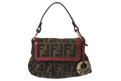 FENDI フェンディ マンマバケット ハンドバッグ ショルダーバッグ ズッカ柄 2000年代 キャンバス レザー ブラウン レッド 美品 中古 4c073187 
