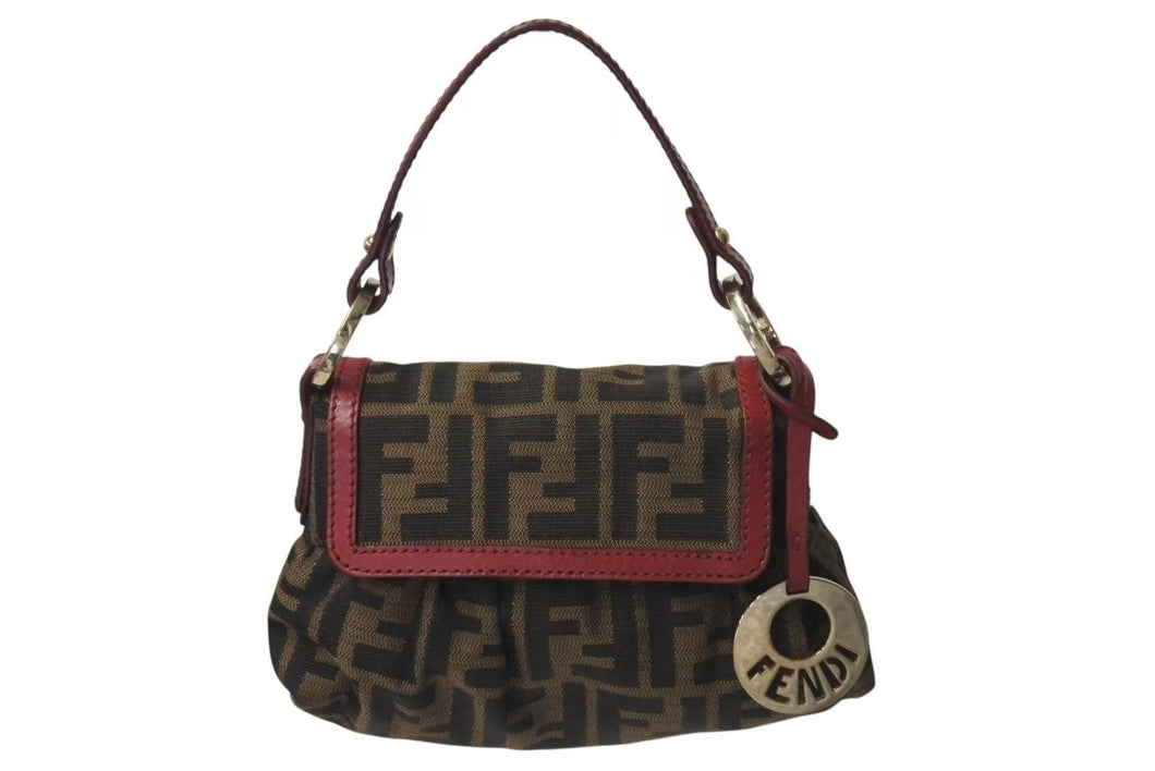 FENDI フェンディ マンマバケット ハンドバッグ ショルダーバッグ ズッカ柄 2000年代 キャンバス レザー ブラウン レッド 美品 中古 4c073187 