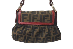 FENDI フェンディ マンマバケット ハンドバッグ ショルダーバッグ ズッカ柄 2000年代 キャンバス レザー ブラウン レッド 美品 中古 4c073187 